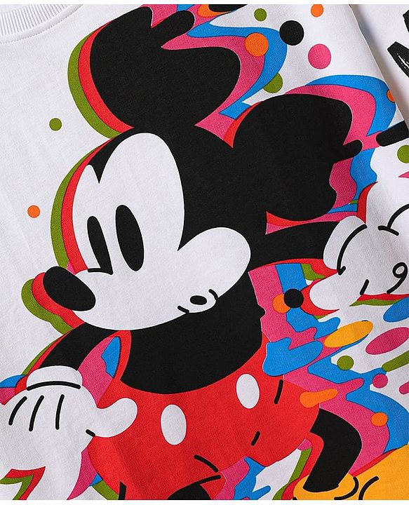 Pine Kids Disney Terry Knit  Half Sleeves Drop Shoulder T-Shirt With Mickey Mouse Graphics - White
