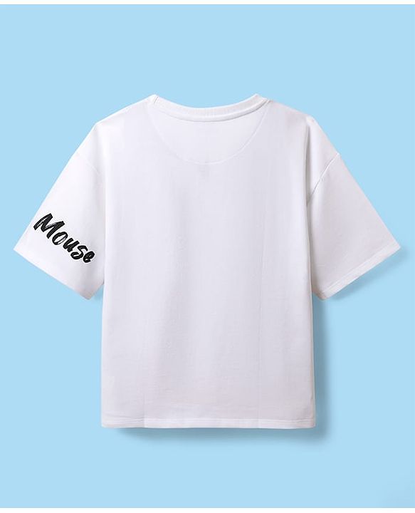 Pine Kids Disney Terry Knit  Half Sleeves Drop Shoulder T-Shirt With Mickey Mouse Graphics - White
