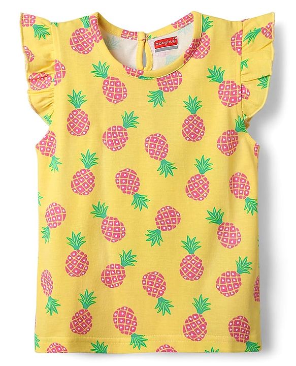 Babyhug Cotton Knit Frill Sleeves Co-ords Shorts Night Suit With Pineapple Print - Yellow