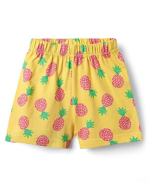 Babyhug Cotton Knit Frill Sleeves Co-ords Shorts Night Suit With Pineapple Print - Yellow