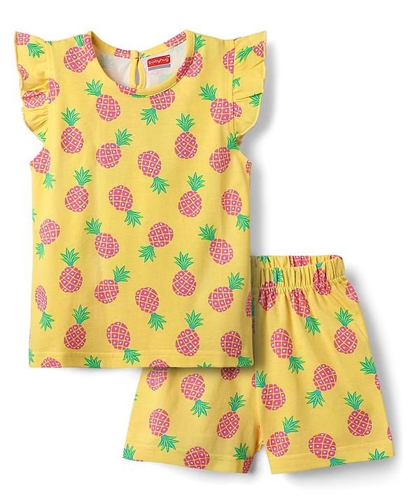 Babyhug Cotton Knit Frill Sleeves Co-ords Shorts Night Suit With Pineapple Print - Yellow