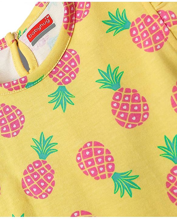 Babyhug Cotton Knit Frill Sleeves Co-ords Shorts Night Suit With Pineapple Print - Yellow