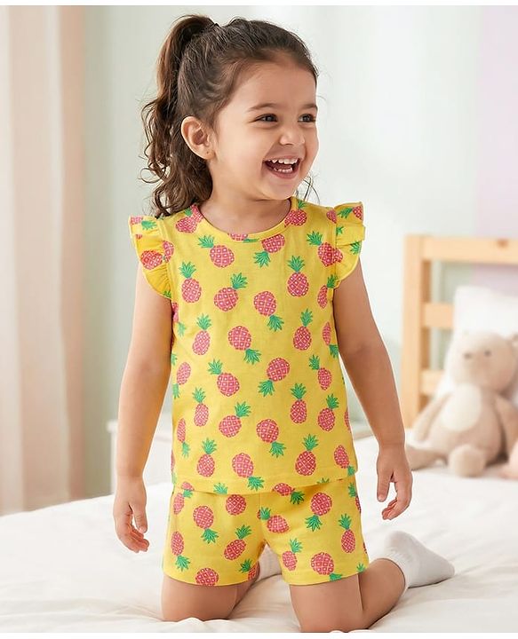 Babyhug Cotton Knit Frill Sleeves Co-ords Shorts Night Suit With Pineapple Print - Yellow