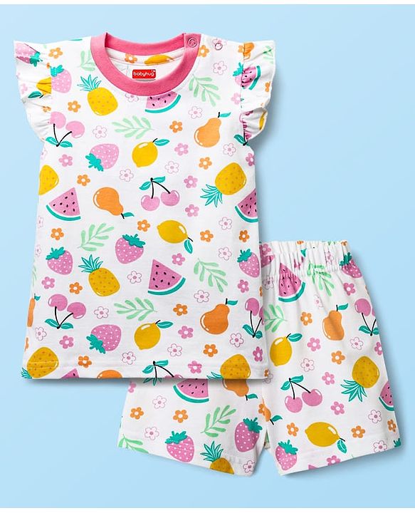 Babyhug Cotton Knit Frill Sleeves  Shorts Night Suit With Tropical Theme Print - White