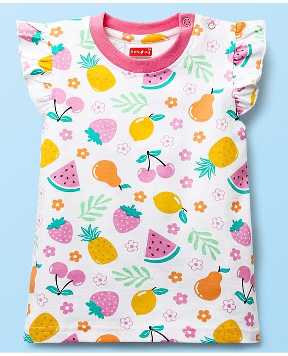 Babyhug Cotton Knit Frill Sleeves  Shorts Night Suit With Tropical Theme Print - White