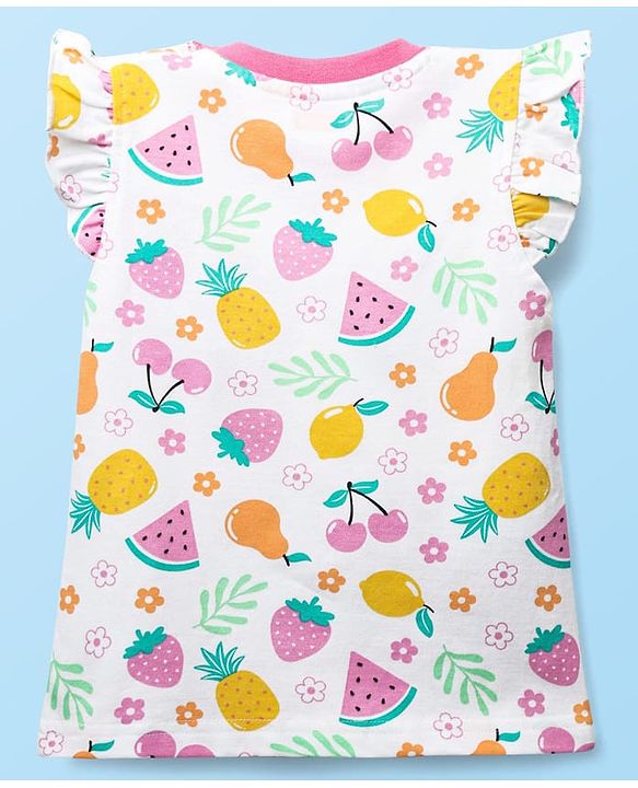 Babyhug Cotton Knit Frill Sleeves  Shorts Night Suit With Tropical Theme Print - White