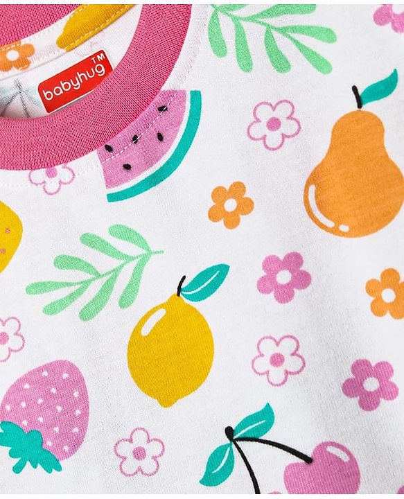 Babyhug Cotton Knit Frill Sleeves  Shorts Night Suit With Tropical Theme Print - White
