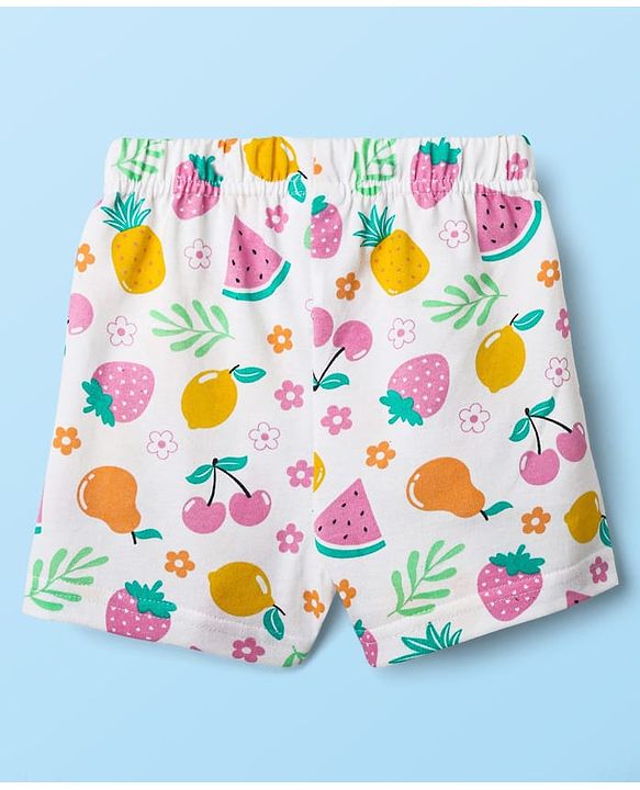 Babyhug Cotton Knit Frill Sleeves  Shorts Night Suit With Tropical Theme Print - White