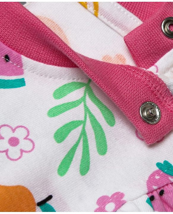 Babyhug Cotton Knit Frill Sleeves  Shorts Night Suit With Tropical Theme Print - White