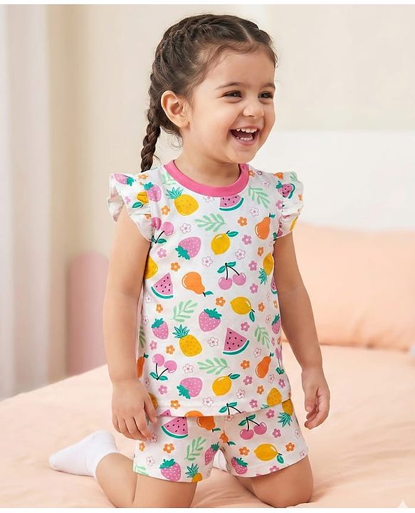 Babyhug Cotton Knit Frill Sleeves  Shorts Night Suit With Tropical Theme Print - White