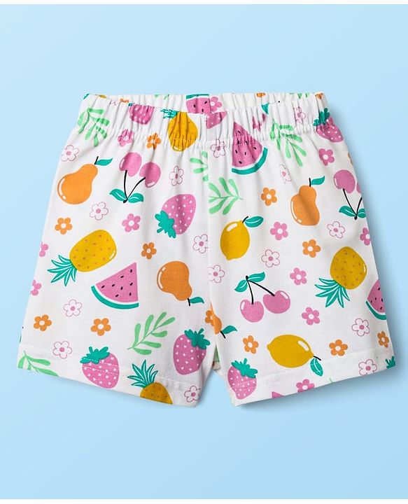 Babyhug Cotton Knit Frill Sleeves  Shorts Night Suit With Tropical Theme Print - White