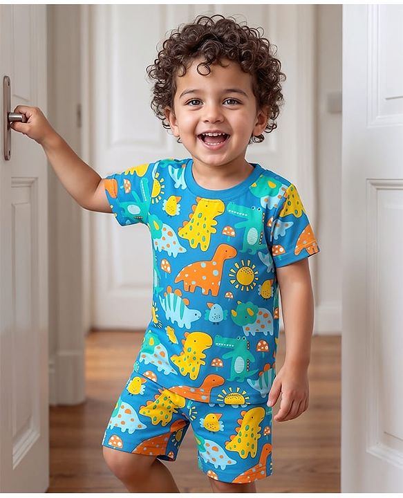 Babyhug Cotton Knit Half Sleeves Co-Ord Shorts Night Suit with Dino Print - Blue