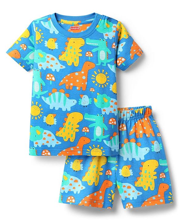 Babyhug Cotton Knit Half Sleeves Co-Ord Shorts Night Suit with Dino Print - Blue