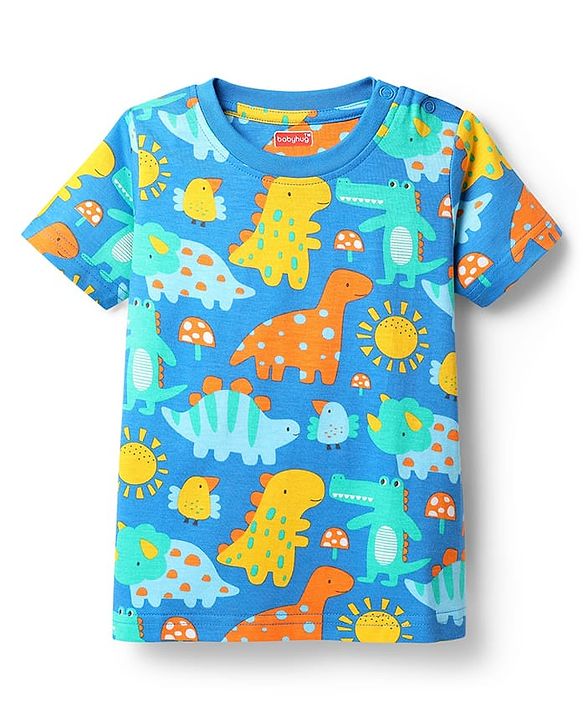 Babyhug Cotton Knit Half Sleeves Co-Ord Shorts Night Suit with Dino Print - Blue