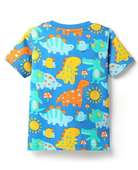 Babyhug Cotton Knit Half Sleeves Co-Ord Shorts Night Suit with Dino Print - Blue