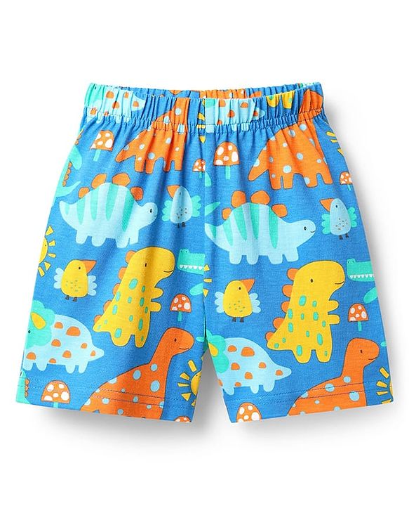 Babyhug Cotton Knit Half Sleeves Co-Ord Shorts Night Suit with Dino Print - Blue