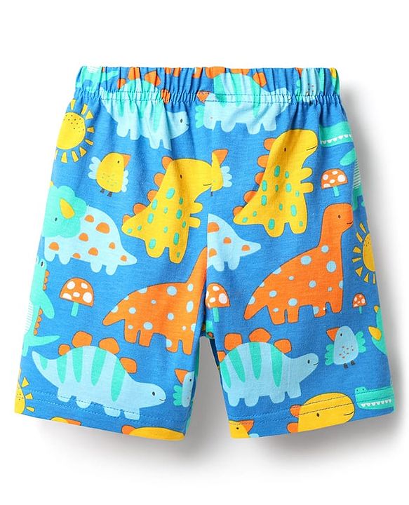 Babyhug Cotton Knit Half Sleeves Co-Ord Shorts Night Suit with Dino Print - Blue