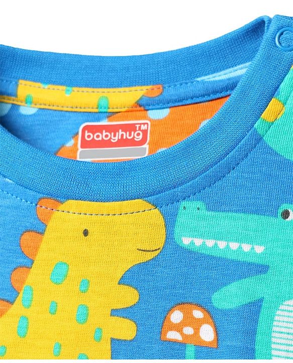 Babyhug Cotton Knit Half Sleeves Co-Ord Shorts Night Suit with Dino Print - Blue