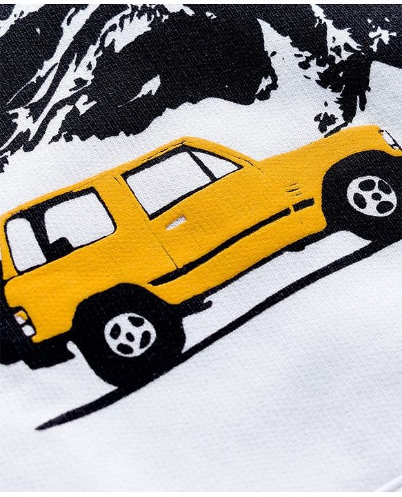 Pine Kids Knit Full Sleeves Pullover Sweatshirt with Travel Theme Print & Kangaroo Pocket - White