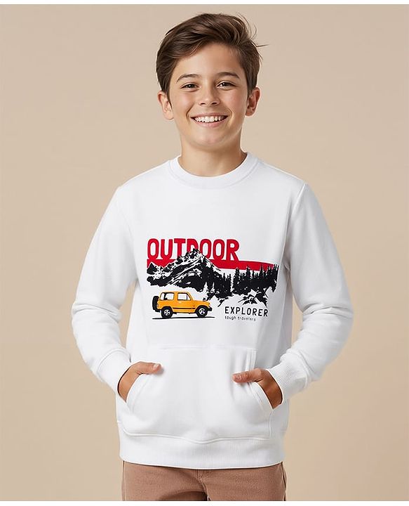 Pine Kids Knit Full Sleeves Pullover Sweatshirt with Travel Theme Print & Kangaroo Pocket - White