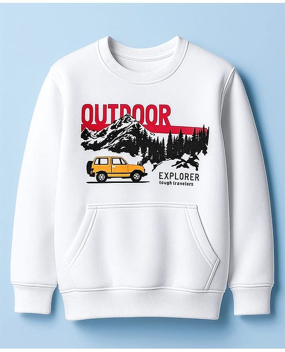 Pine Kids Knit Full Sleeves Pullover Sweatshirt with Travel Theme Print & Kangaroo Pocket - White
