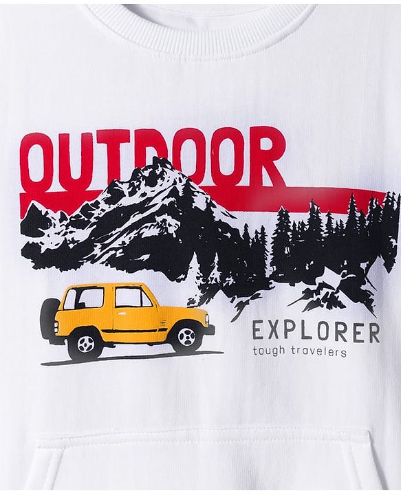 Pine Kids Knit Full Sleeves Pullover Sweatshirt with Travel Theme Print & Kangaroo Pocket - White