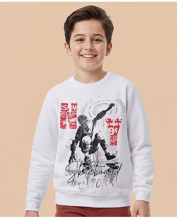 Pine Kids Knit Full Sleeves Sweatshirt With Skateboarding Print - White