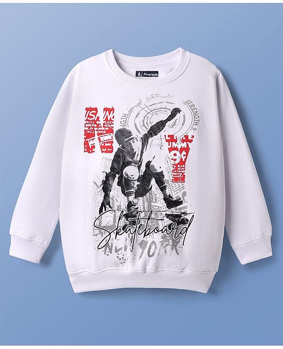 Pine Kids Knit Full Sleeves Sweatshirt With Skateboarding Print - White