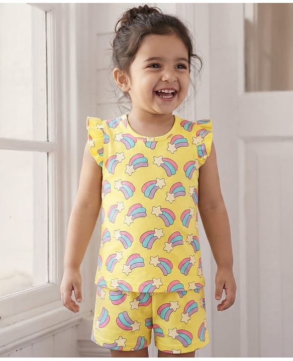 Babyhug Cotton Knit Frill Sleeves Co-ords Shorts Night Suit With Rainbow Print - Yellow