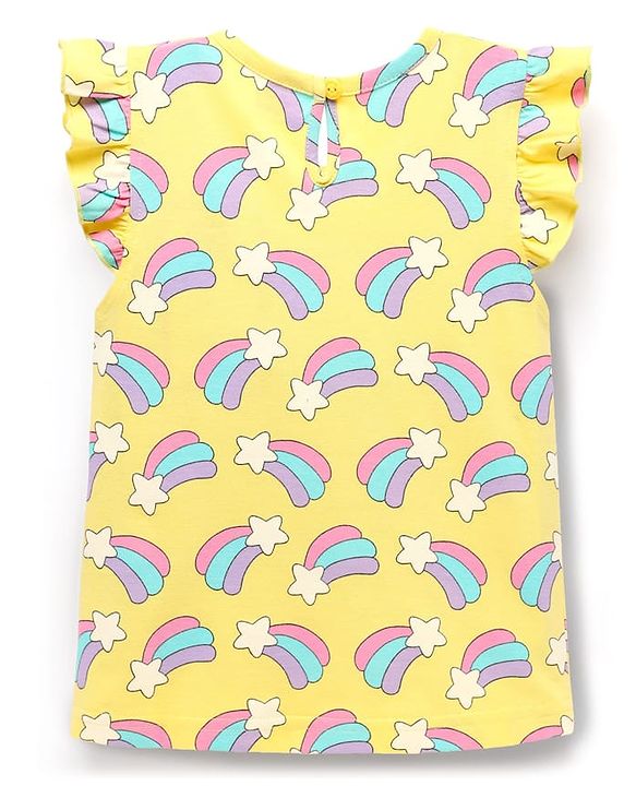 Babyhug Cotton Knit Frill Sleeves Co-ords Shorts Night Suit With Rainbow Print - Yellow