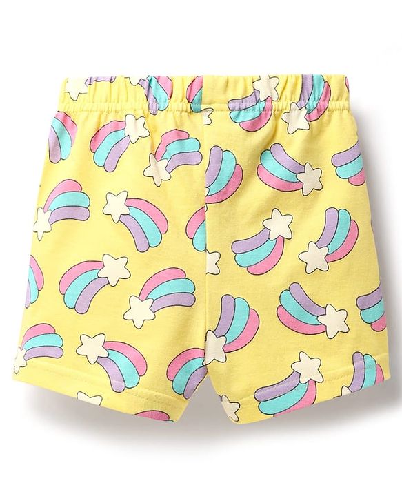 Babyhug Cotton Knit Frill Sleeves Co-ords Shorts Night Suit With Rainbow Print - Yellow