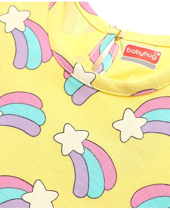 Babyhug Cotton Knit Frill Sleeves Co-ords Shorts Night Suit With Rainbow Print - Yellow
