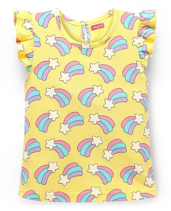 Babyhug Cotton Knit Frill Sleeves Co-ords Shorts Night Suit With Rainbow Print - Yellow
