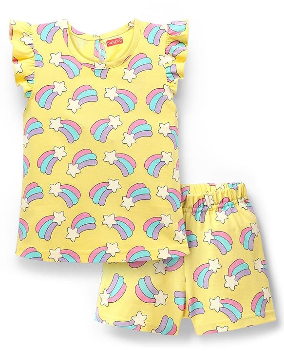 Babyhug Cotton Knit Frill Sleeves Co-ords Shorts Night Suit With Rainbow Print - Yellow