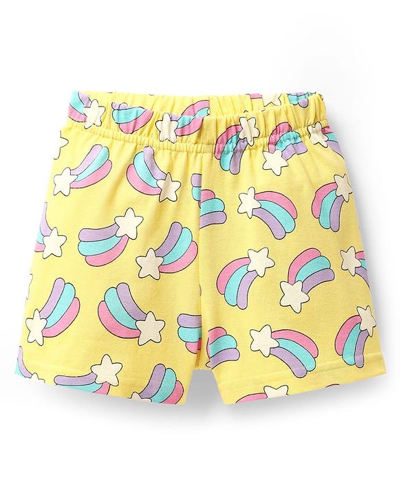 Babyhug Cotton Knit Frill Sleeves Co-ords Shorts Night Suit With Rainbow Print - Yellow