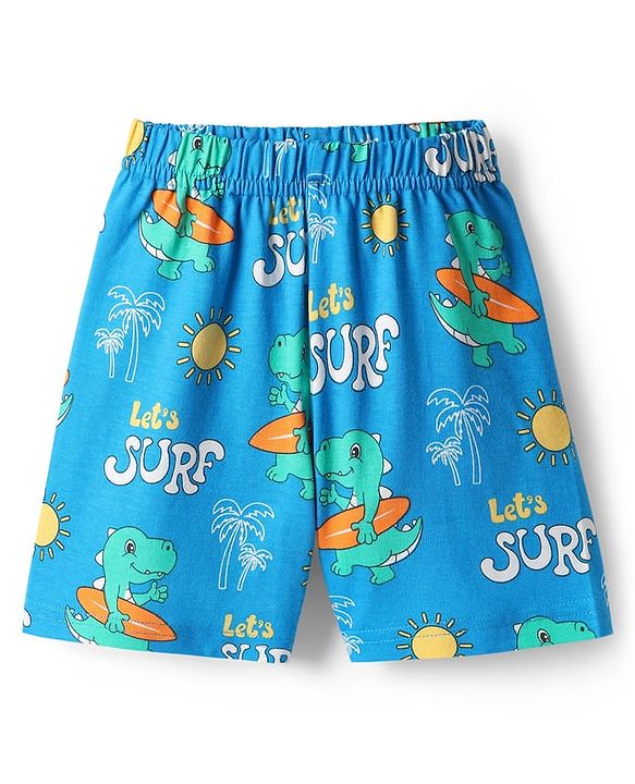 Babyhug Cotton Knit Half Sleeves Shorts Night Suit with Dino Print - Blue