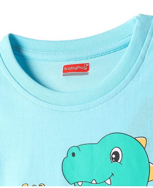 Babyhug Cotton Knit Half Sleeves Shorts Night Suit with Dino Print - Blue