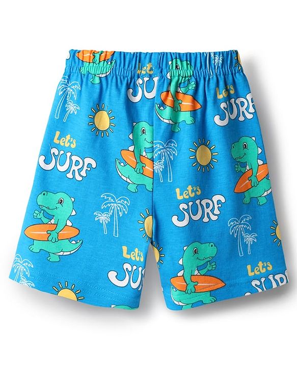 Babyhug Cotton Knit Half Sleeves Shorts Night Suit with Dino Print - Blue