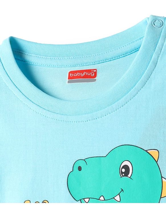 Babyhug Cotton Knit Half Sleeves Shorts Night Suit with Dino Print - Blue