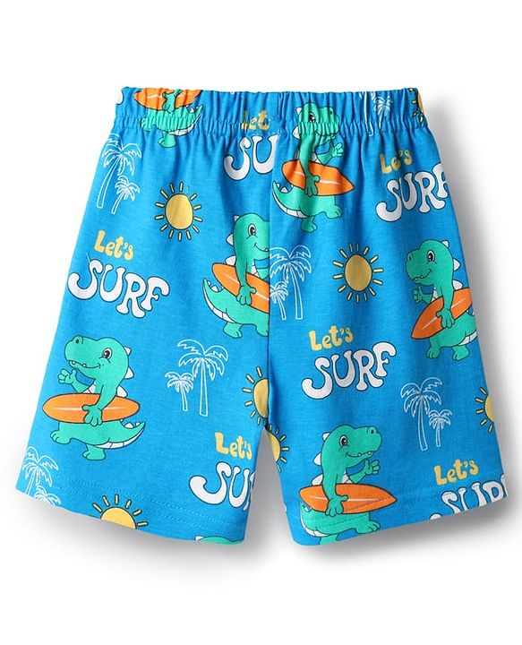 Babyhug Cotton Knit Half Sleeves Shorts Night Suit with Dino Print - Blue