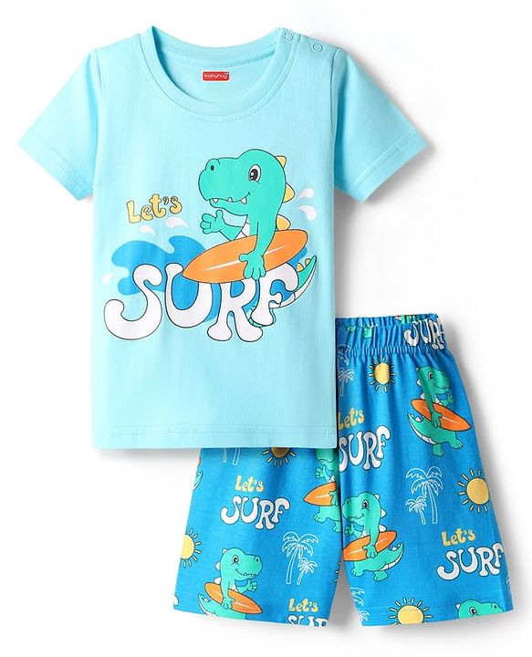 Babyhug Cotton Knit Half Sleeves Shorts Night Suit with Dino Print - Blue