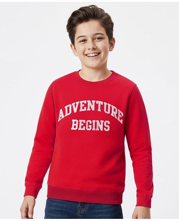 Pine Kids Knit Full Sleeves Sweatshirt With Text Print - Red