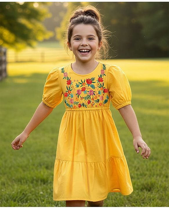 Pine Kids 100% Cotton Half Sleeves Floral Embroidered Frock - Yellow