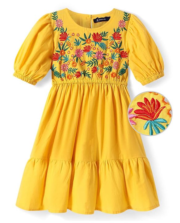 Pine Kids 100% Cotton Half Sleeves Floral Embroidered Frock - Yellow