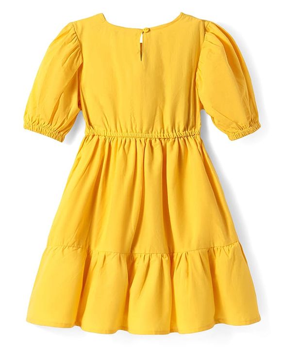 Pine Kids 100% Cotton Half Sleeves Floral Embroidered Frock - Yellow