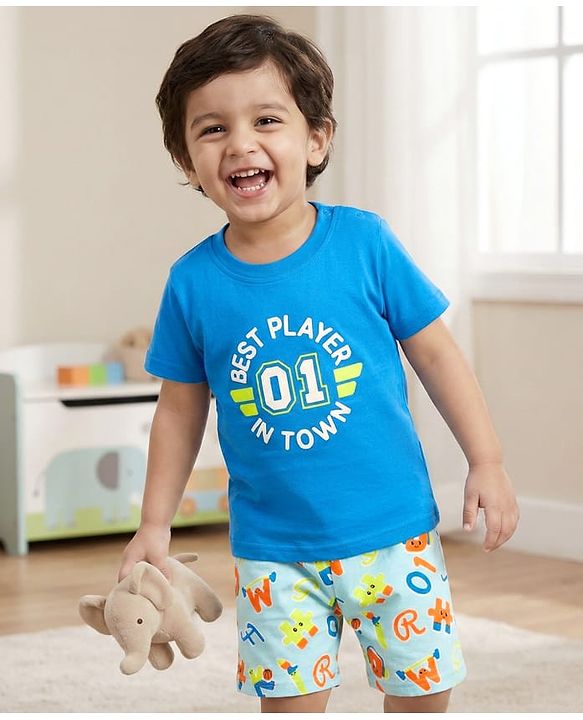 Babyhug Cotton Knit Half Sleeves Shorts Night Suit With Text Print - Blue