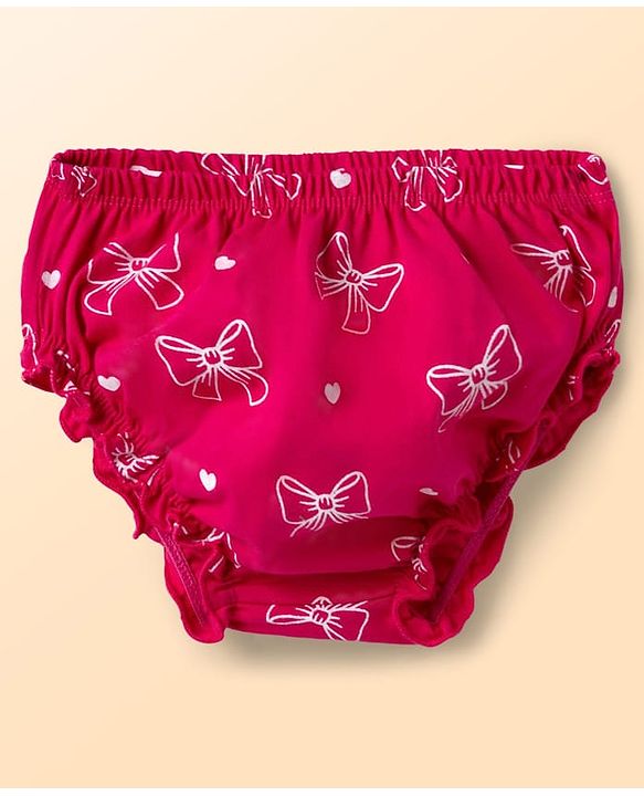 Babyhug Single Jersey Knit Sleeveless Bow Printed Fit & Flared Frock with Bloomer - Dark Pink
