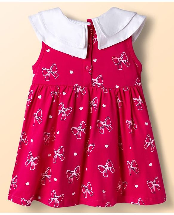 Babyhug Single Jersey Knit Sleeveless Bow Printed Fit & Flared Frock with Bloomer - Dark Pink