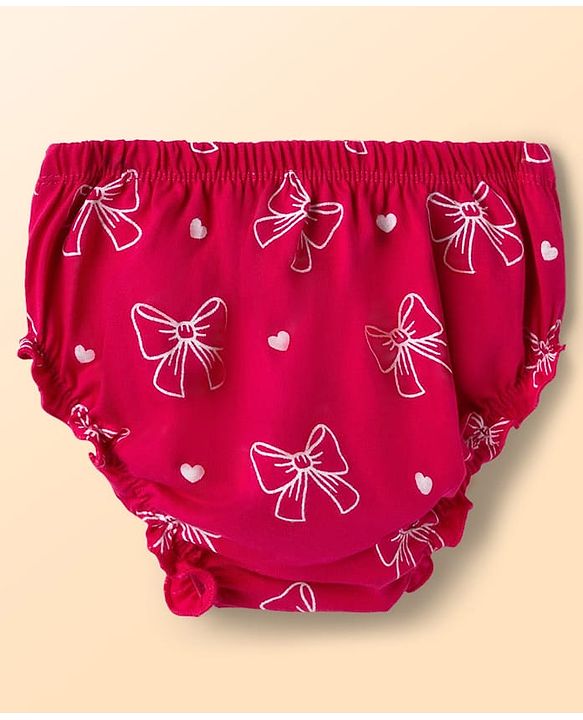 Babyhug Single Jersey Knit Sleeveless Bow Printed Fit & Flared Frock with Bloomer - Dark Pink