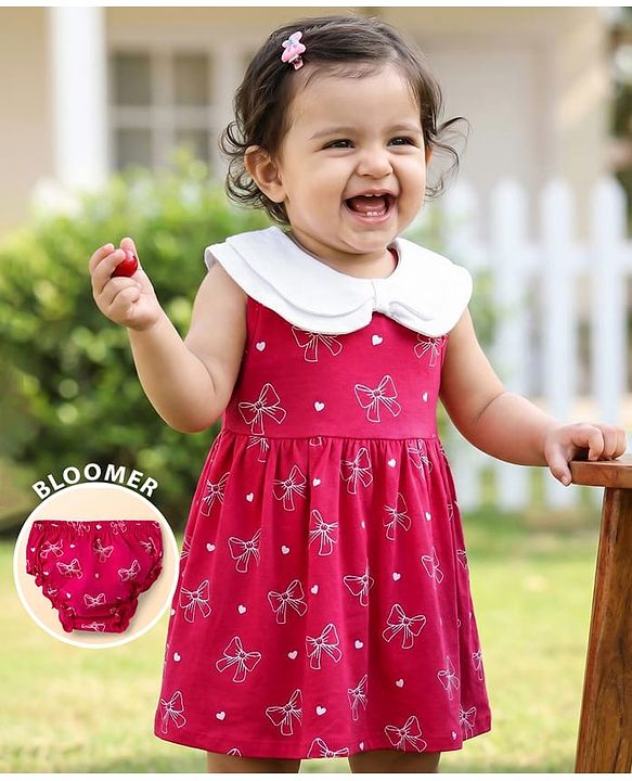 Babyhug Single Jersey Knit Sleeveless Bow Printed Fit & Flared Frock with Bloomer - Dark Pink